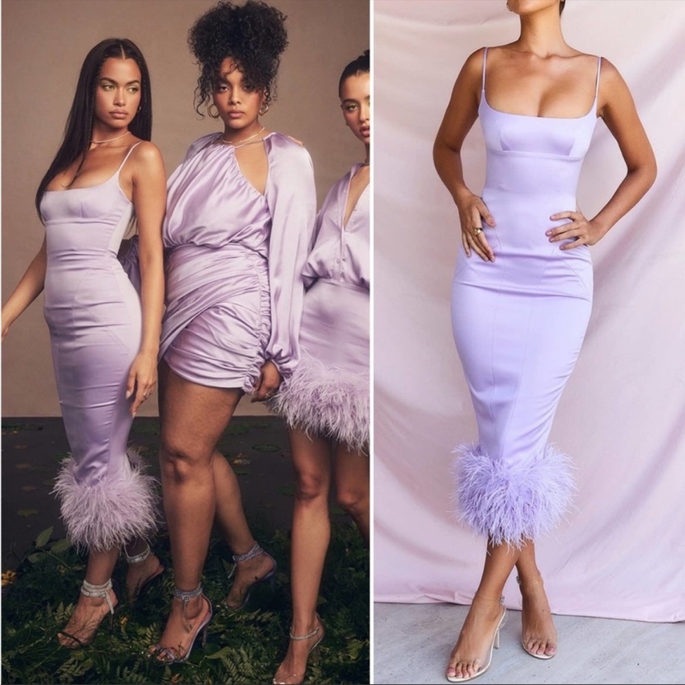 House of CB ‘Helena’ Orchid Satin Midi Dress with Feathered Trim NWOT - Picture 3 of 9